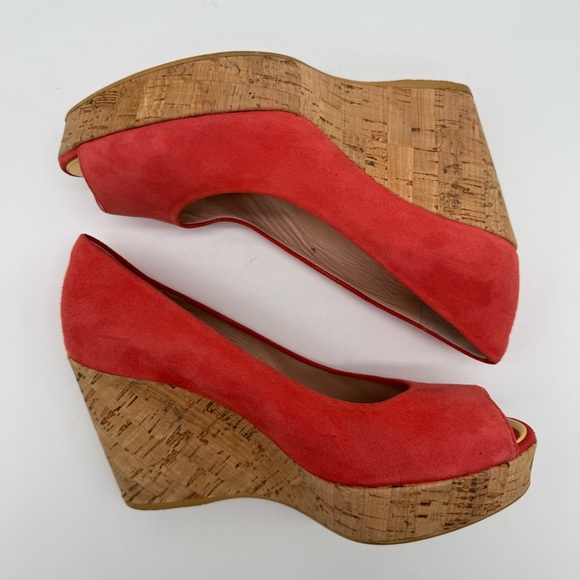 Stuart Weitzman Coral/Red Suede Peep Toe Wedge Heel Size 5.5 M - Picture 7 of 11